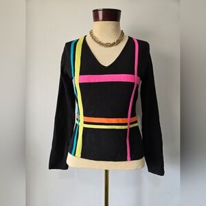MINKAS Black Micro Rib Neon Striped V Neck Top. Size Medium